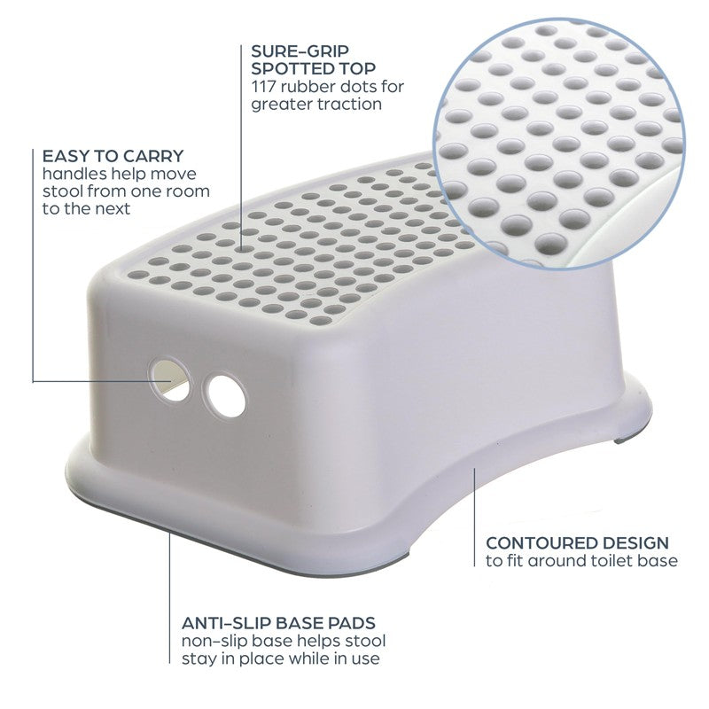 Grey dotted step stool with a sure-grip top, anti-slip base pads, and easy-to-carry handles for stability and convenience.
