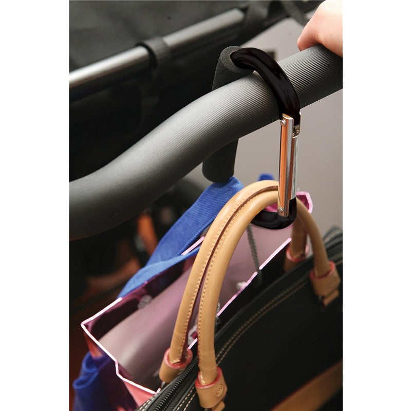 Dreambaby Stroller Hooks for attaching bags to stroller handles, showing a black hook with bags hung on it.