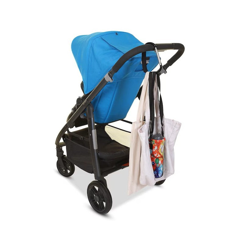 Dreambaby Stroller Hook attached to a stroller, holding two tote bags and a drink bottle for convenient access.