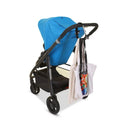 Dreambaby Stroller Hook attached to a stroller, holding two tote bags and a drink bottle for convenient access.