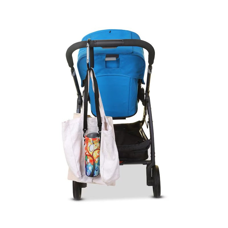 A blue stroller with a tote bag and a colorful tumbler hanging from the handle, showcasing the Dreambaby Stroller Hook.