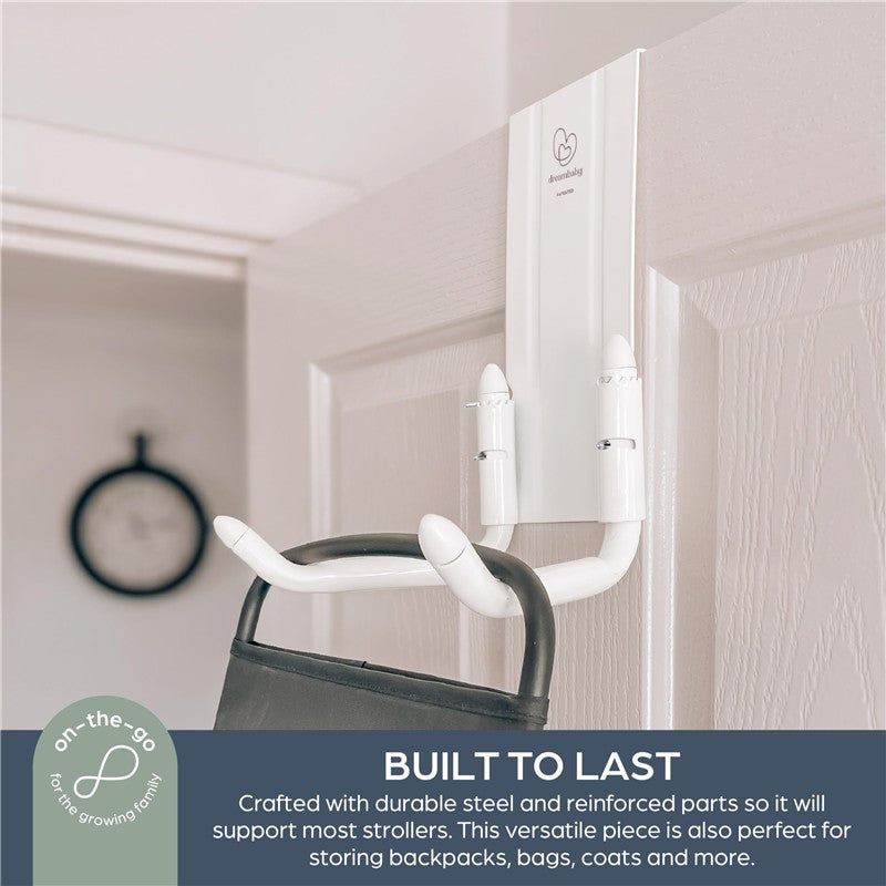 Over-the-door hanger for strollers, featuring durable steel construction, holding a bag and designed for versatile storage.