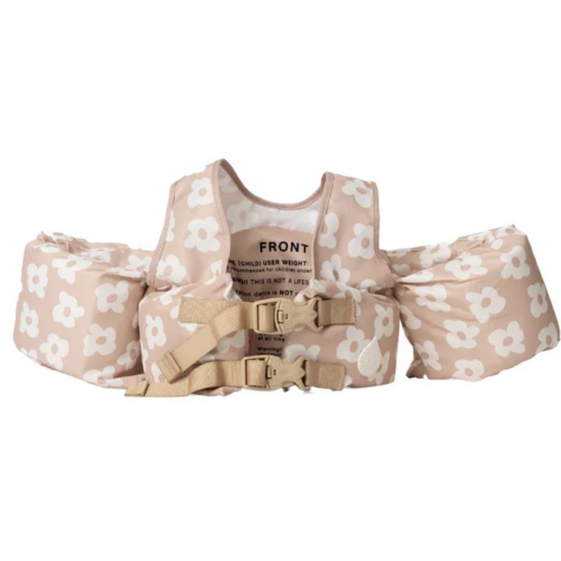 Kids floatation device with floral pattern, designed for children 25-50 lbs, featuring two adjustable straps for safety.