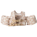 Kids floatation device with floral pattern, designed for children 25-50 lbs, featuring two adjustable straps for safety.