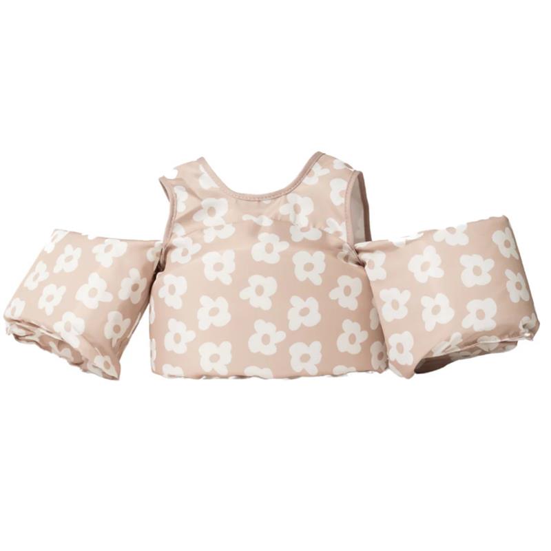 Kids float vest in neutral color with white flower pattern, designed for children weighing 25-50 lbs.