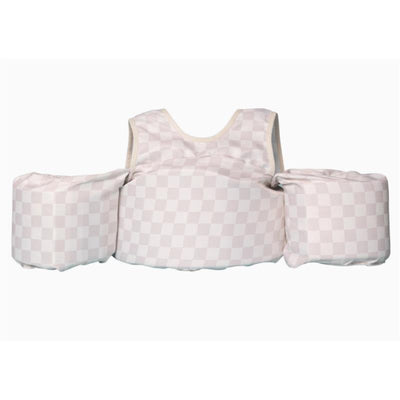 Neutral checkered kids float, designed for children weighing 25-50 lbs, featuring safety buoyancy supports.