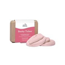 Booby Tubes by Earth Mama, gel-free breast packs for breastfeeding, with a pink cotton cover and a packaged box.