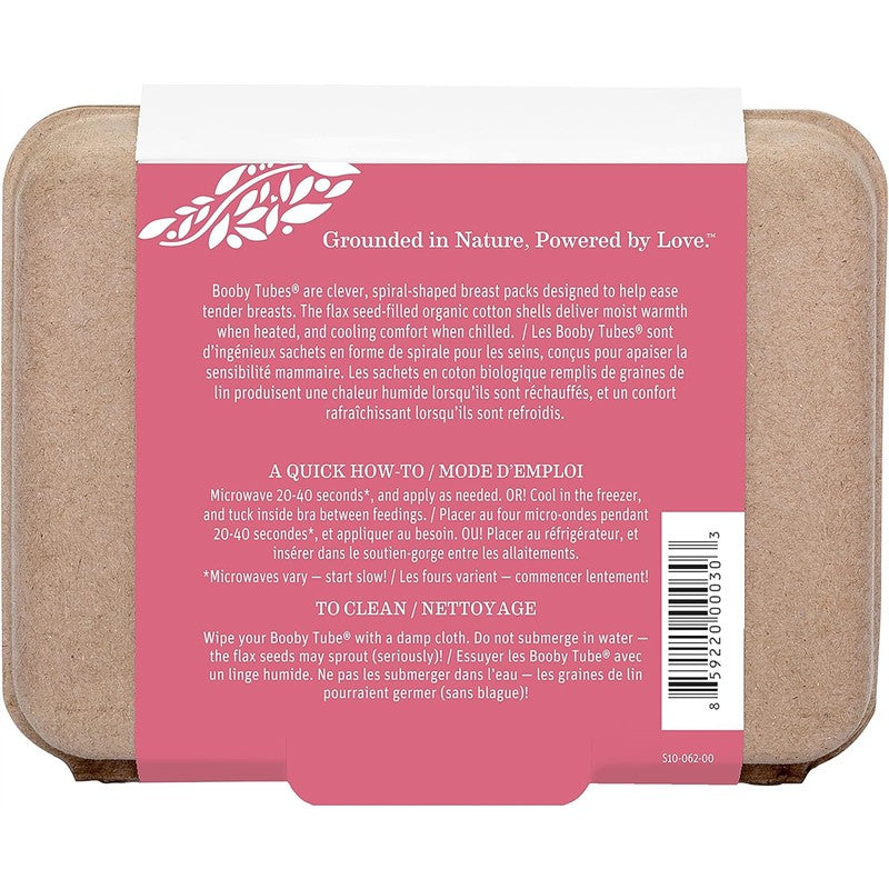 Spiral-shaped breast packs designed for warmth or cooling, featuring flax seed-filled organic cotton shells.