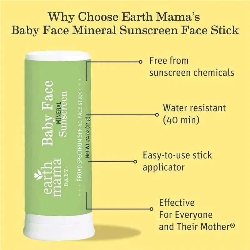 Baby Face Mineral Sunscreen Stick SPF 40 by Earth Mama, with features like water resistance and easy applicator.