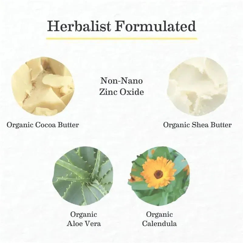 Herbalist formulated ingredients for Earth Mama Baby Face Mineral Sunscreen: non-nano zinc oxide, organic cocoa butter, shea butter, aloe vera, and calendula.