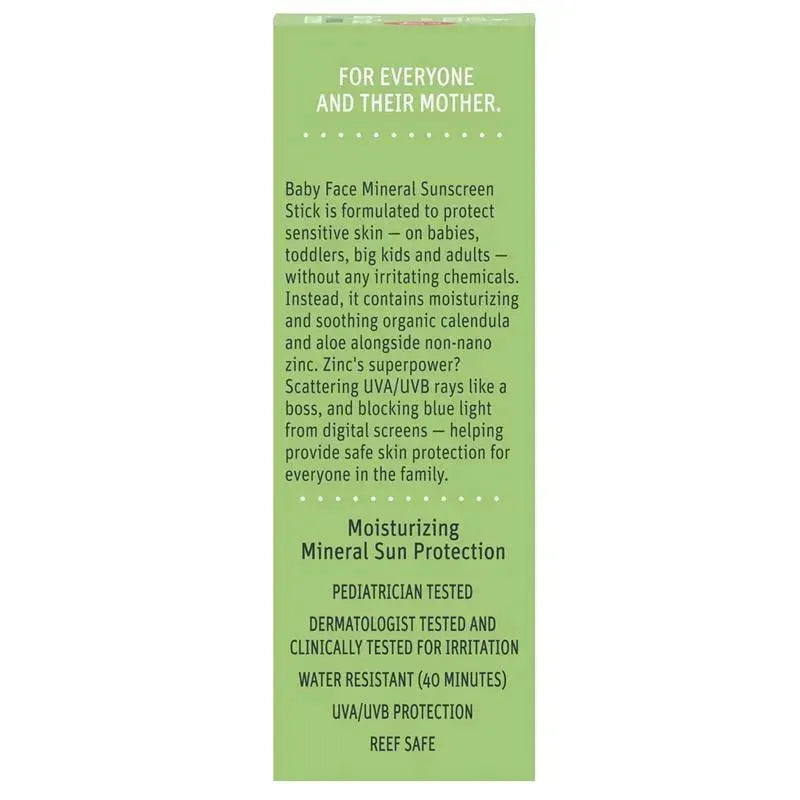 Earth Mama Baby Face Mineral Sunscreen Stick SPF 40, features pediatrician-tested formula with moisturizing ingredients, detailed benefits listed.