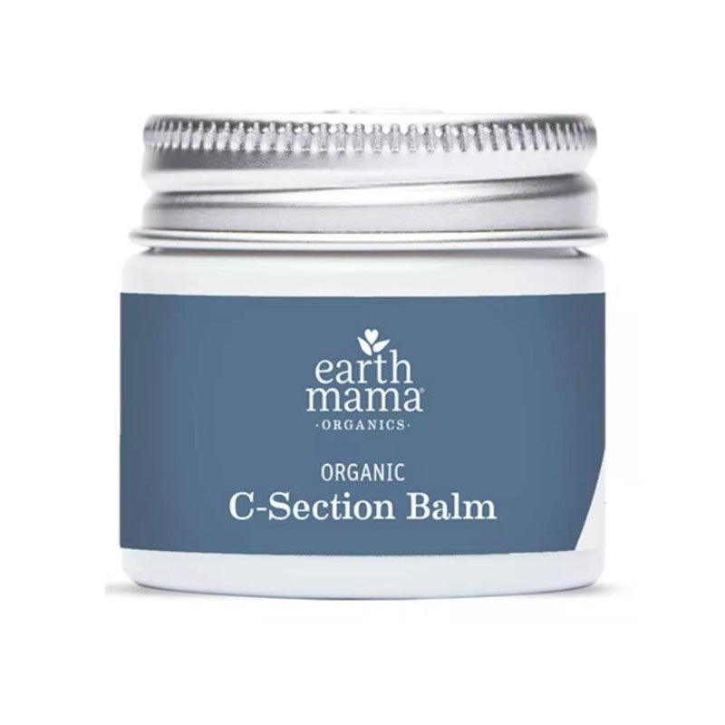 Organic C-Section Balm by Earth Mama in a silver-topped jar, featuring a blue label with product name.