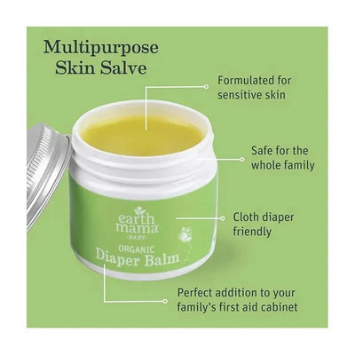 Organic Economy Size Diaper Balm by Earth Mama in a green container, labeled as a multipurpose skin salve for sensitive skin.