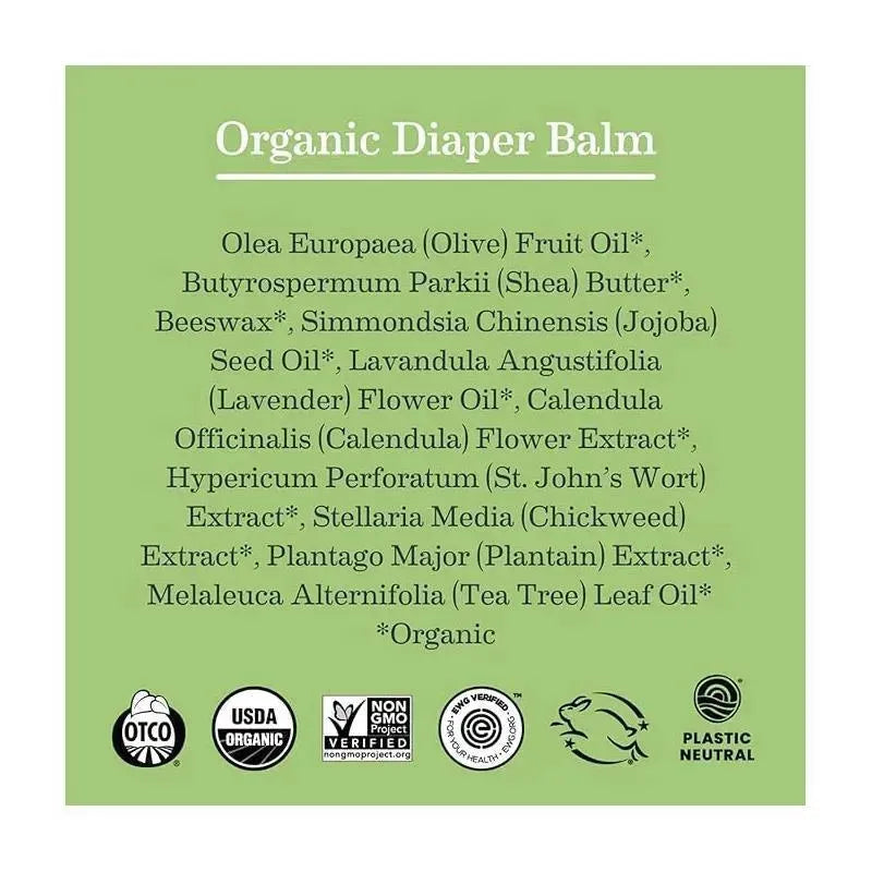 Organic Diaper Balm ingredients list featuring olive oil, shea butter, and various botanical extracts on a green background.