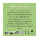 Organic Diaper Balm ingredients list featuring olive oil, shea butter, and various botanical extracts on a green background.