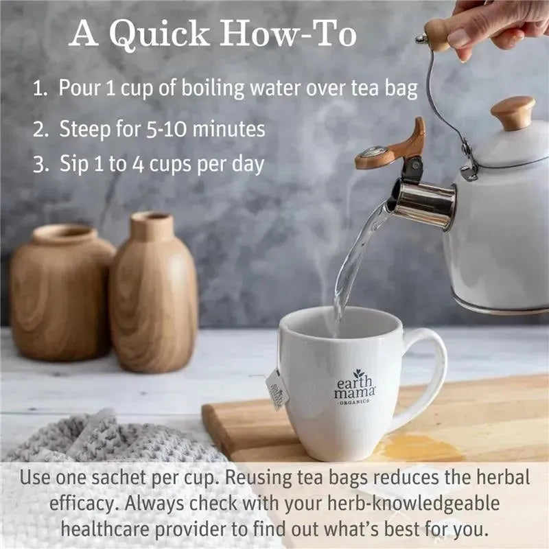 Earth Mama Organic Heartburn Tea preparation steps: pouring boiling water over a tea bag in a mug with instructions visible.