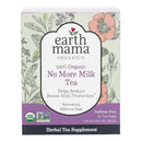 Earth Mama Organic No More Milk Tea box featuring 16 tea bags, with floral designs and a description of its purpose.