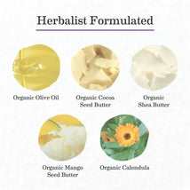 Herbalist formulated ingredients: organic olive oil, cocoa seed butter, shea butter, mango seed butter, and calendula flower.