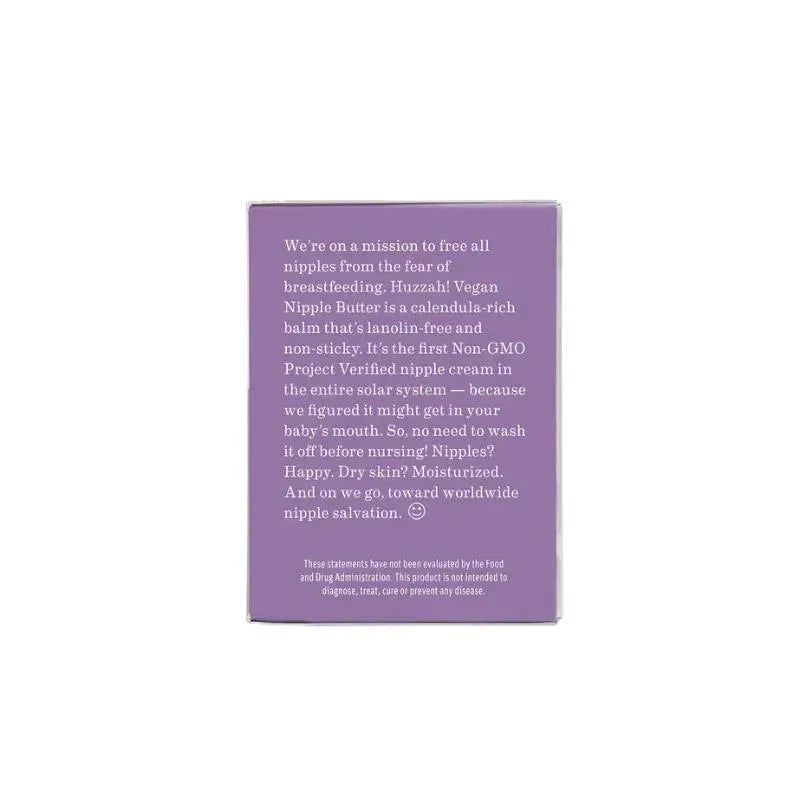 Vegan Nipple Butter 2Oz by Earth Mama, a calendula-rich, lanolin-free balm, featured on a purple packaging with product description.