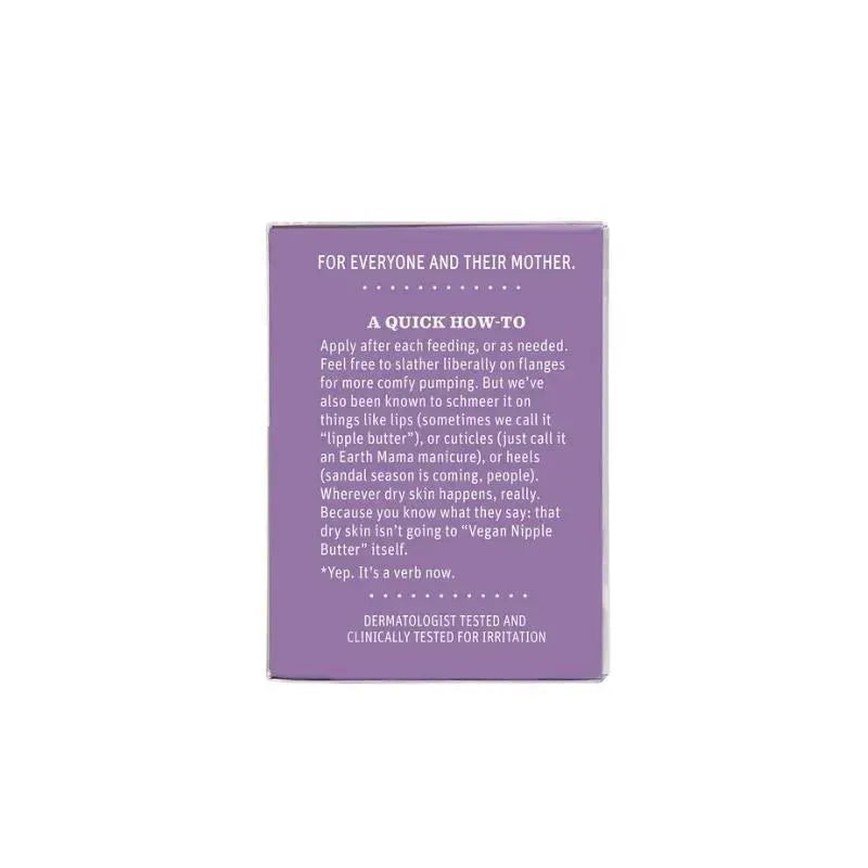 Description of usage instructions and benefits for Earth Mama Vegan Nipple Butter, highlighting its versatility for dry skin.
