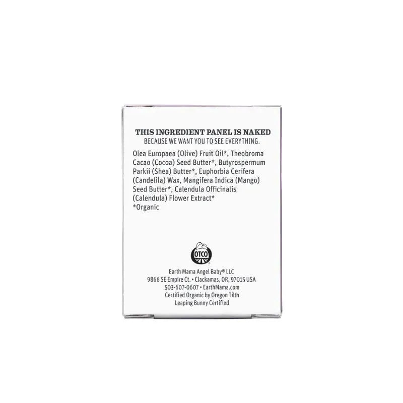 Earth Mama Vegan Nipple Butter ingredient panel listing organic components such as shea butter and cocoa seed butter.