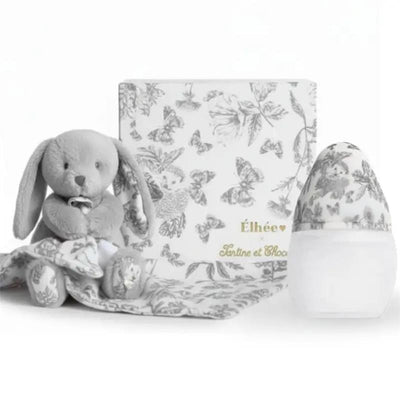 Elhee Baby Bottle and Comforter Set in grey featuring a plush bunny, a patterned comforter, and a butterfly design bottle.