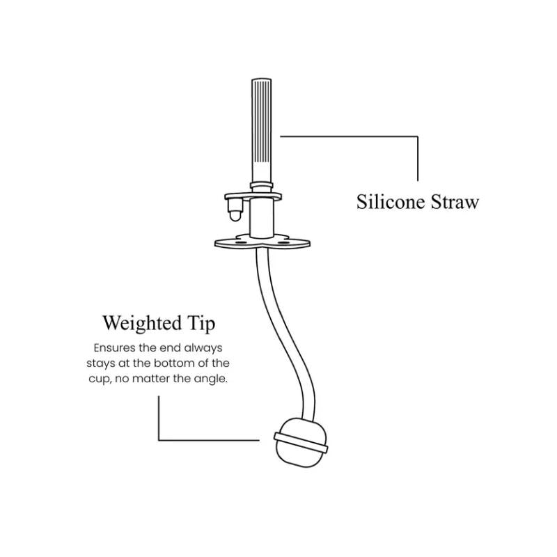 Silicone straw with a weighted tip design, ensuring it stays at the bottom of the Elhee cup at any angle.