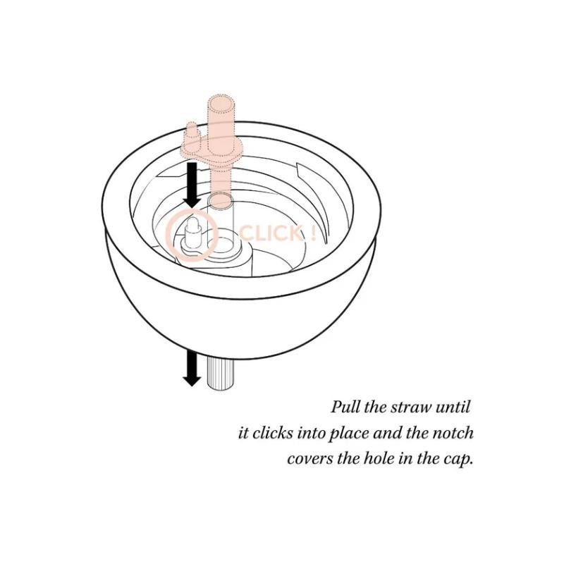 Instructions for using the Elhee Straw Cup, illustrating how to click the straw into place and secure it.