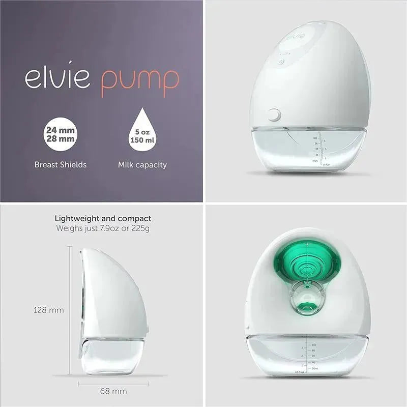Elvie Double Smart Wearable Breast Pump with breast shield sizes and specifications, highlighting compact design and capacity.
