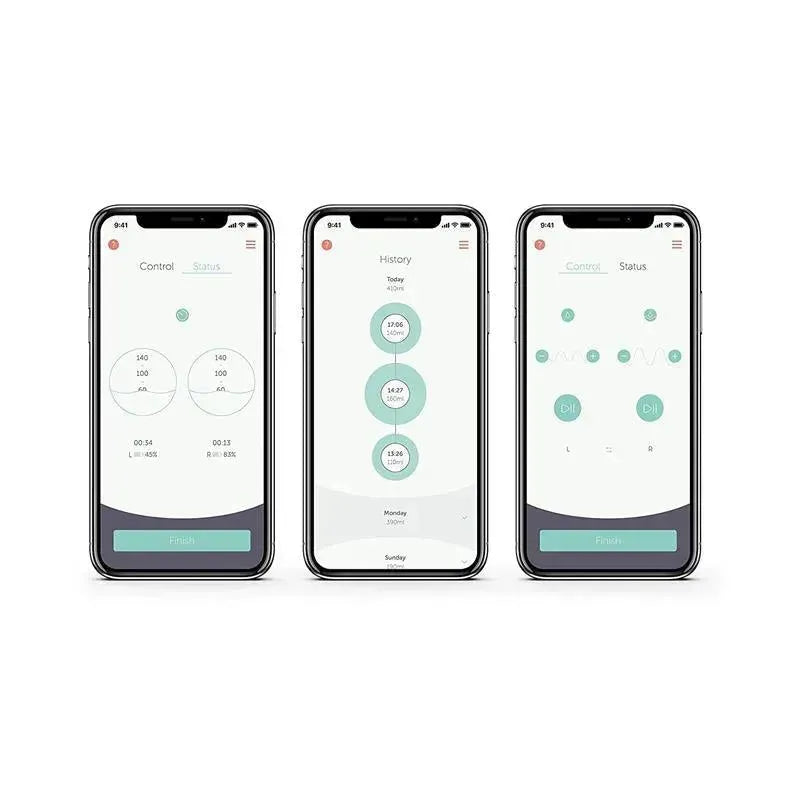 Displays the Elvie app interface for the Double Smart Wearable Breast Pump, showing control and history screens.