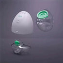 Elvie breast pump seals, featuring a white pump unit and clear milk containers with green tops, designed for breastfeeding.