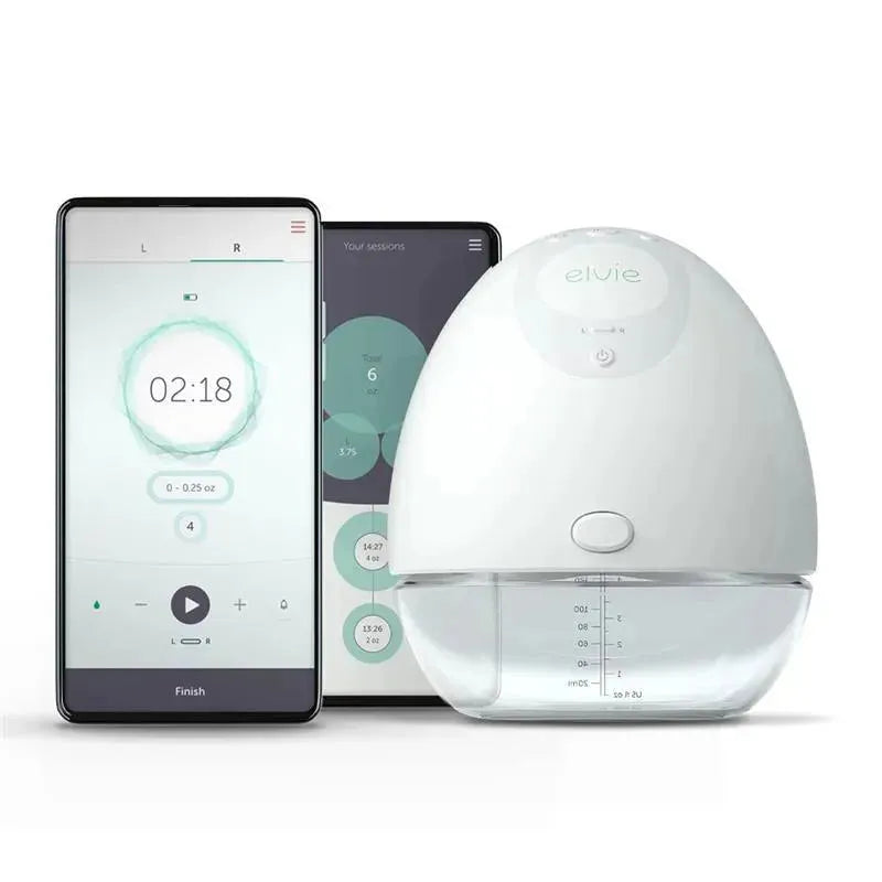 Smart wearable electric breast pump Elvie with a connected smartphone app displaying session details and timer.