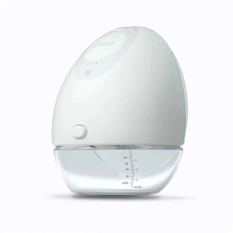Elvie single smart wearable electric breast pump in white with a transparent storage container and measurement markings.