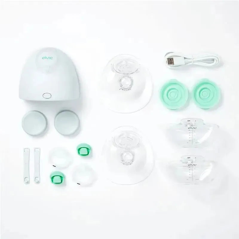 Elvie single smart wearable electric breast pump with components including bottles, flanges, and a charging cable.