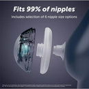 Elvie Stride 2 double electric breast pump connection detached, showing clear breast shield and information about nipple fit options.