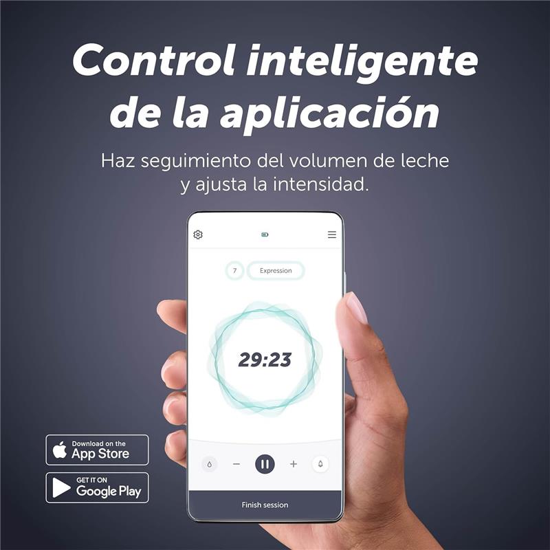 Aplicación del Elvie Stride 2 para el control de bomba de leche, mostrando tiempo, intensidad y opciones de ajuste.