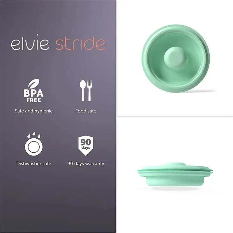 Elvie Stride Diaphragm X2 in mint green with BPA-free label, icons for food safety, dishwasher safe, and 90-day warranty.