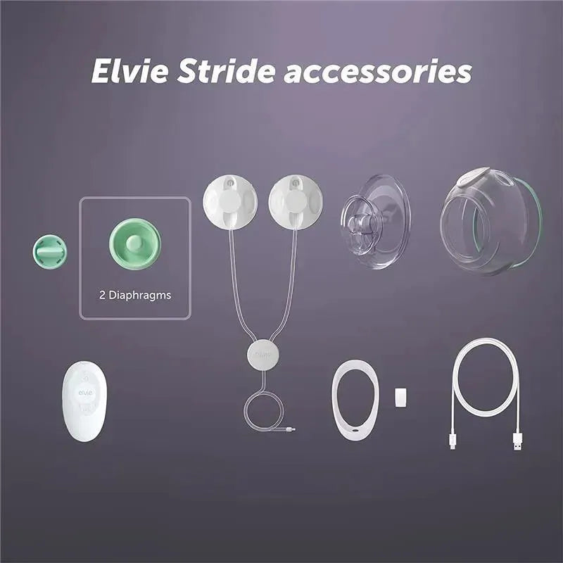 Elvie Stride Diaphragm X2 accessories including two green diaphragms, cups, a base unit, and charging cable on a grey background.