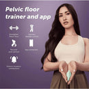 Pelvic floor trainer and app features, held by a woman, showcasing its purpose to strengthen pelvic floor muscles.