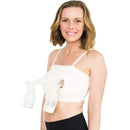 Hands-free breast pump bra by Emerson Healthcare, featuring a white fabric design and attached pump bottles.