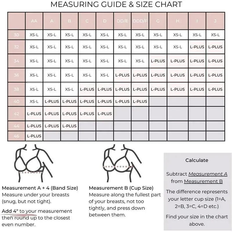 Measuring guide and size chart for the Emerson Healthcare Simple Wishes Hands-Free Breast Pump Bra, including measurement instructions.