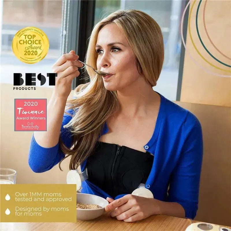 Model wearing the Simple Wishes hands-free breast pump bra, enjoying a snack while using the pump, with award badges displayed.