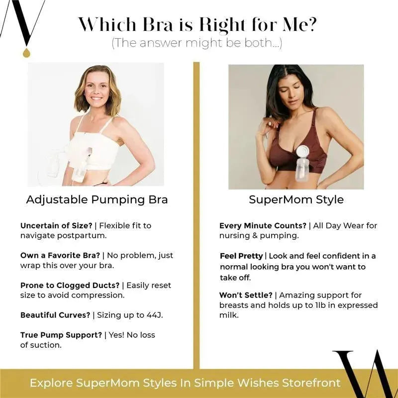 Adjustable pumping bra comparison with features for postpartum use and a SuperMom style bra for nursing and pumping.