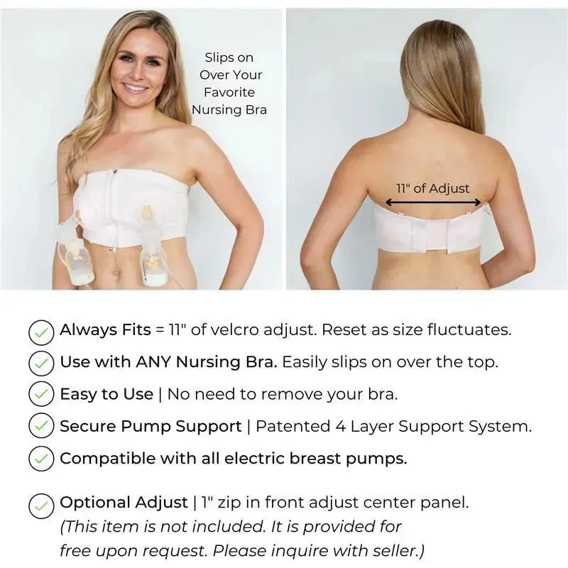 Hands-free breast pump bra by Emerson Healthcare, adjustable with Velcro, shown on a model; compatible with all electric pumps.
