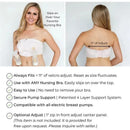 Hands-free breast pump bra by Emerson Healthcare, adjustable with Velcro, shown on a model; compatible with all electric pumps.
