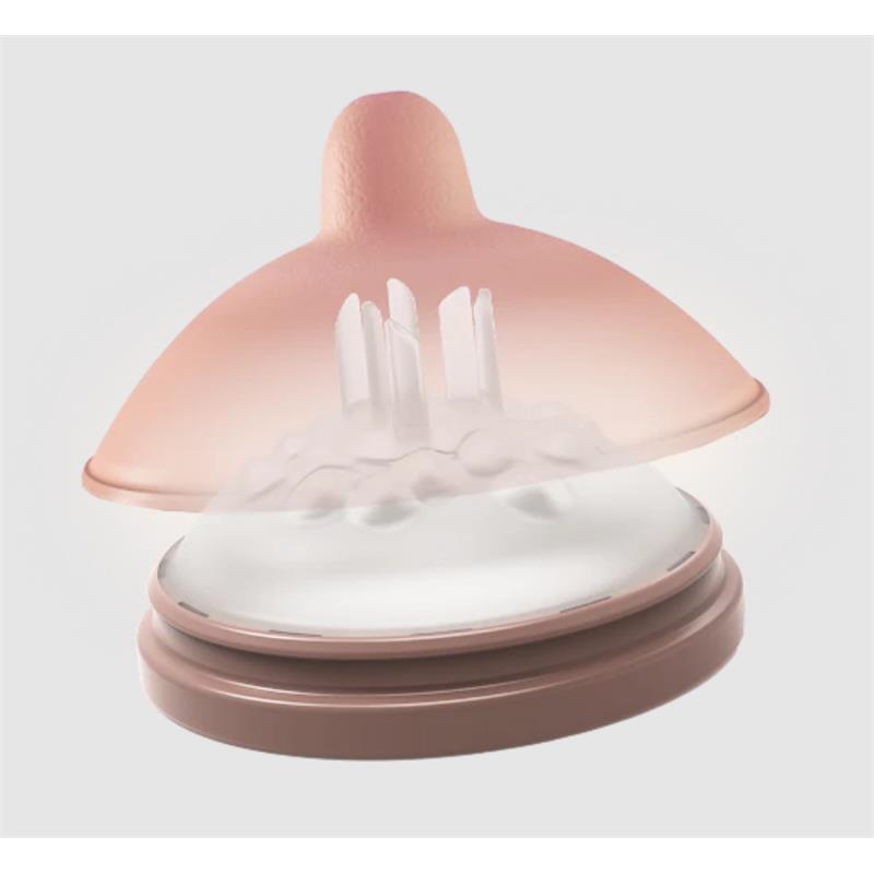 Glass classic bottle nipple in medium size, featuring a pink silicone top and textured surface for enhanced feeding.