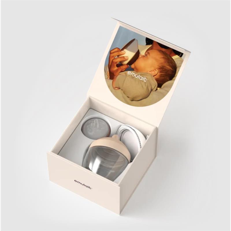 Emulait glass bottle with medium nipple, in a decorative box featuring an image of a parent feeding a baby.