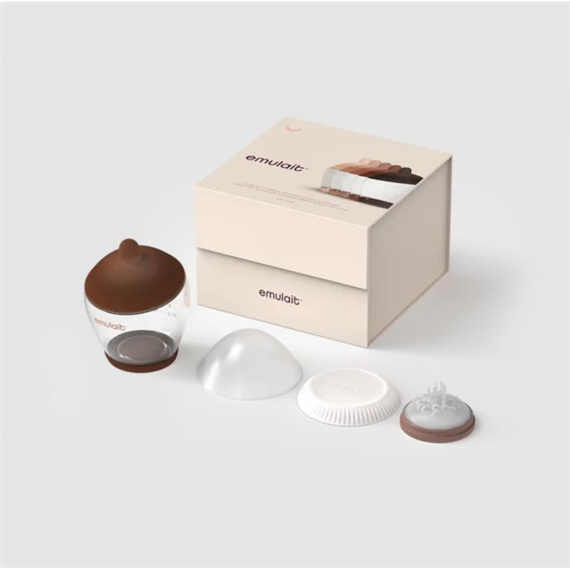 Classic bottle nipple, deep brown color, shape 5, with a clear bottle and additional interchangeable parts displayed beside the box.