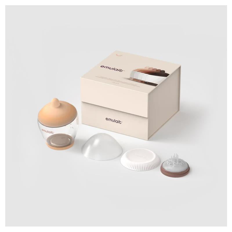 Classic bottle nipple set by Emulait featuring a transparent bottle, a brown nipple cap, and various interchangeable attachments.