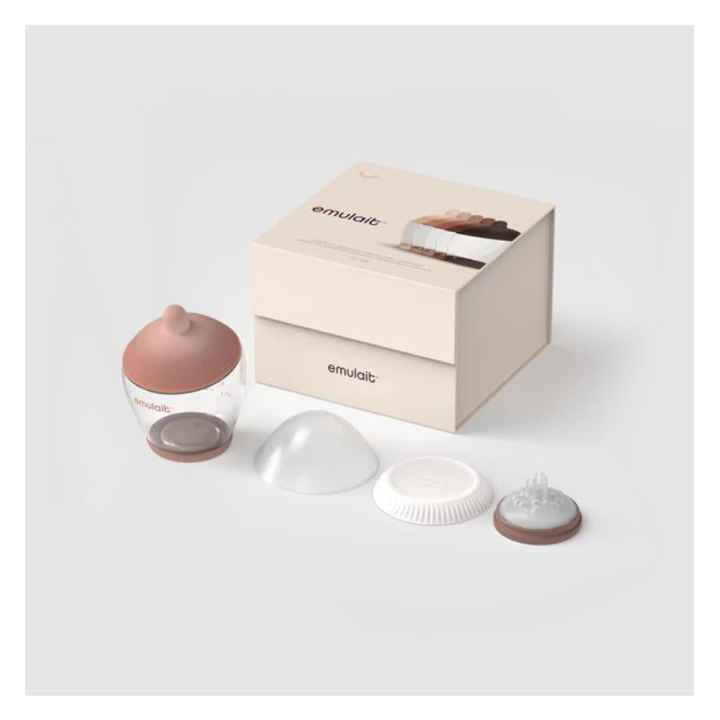 Classic bottle nipple set by Emulait in medium color, featuring a round bottle and interchangeable nipple shapes. Packaging included.